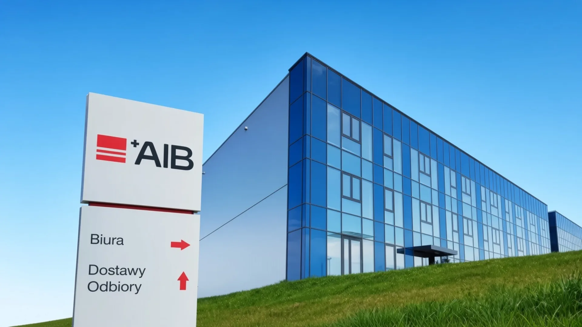 Pylon reklamowy AIB przed budynkiem biurowym