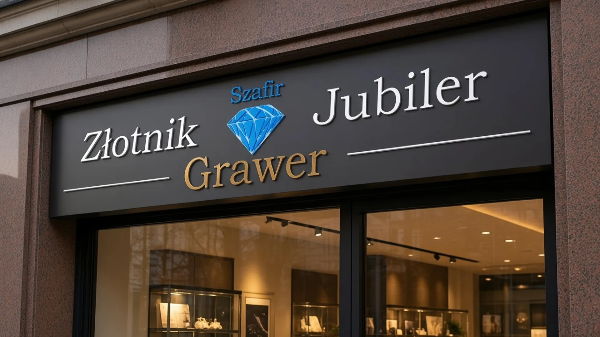 Kaseton jubilera Złotnik Grawer Szafir nad wejściem