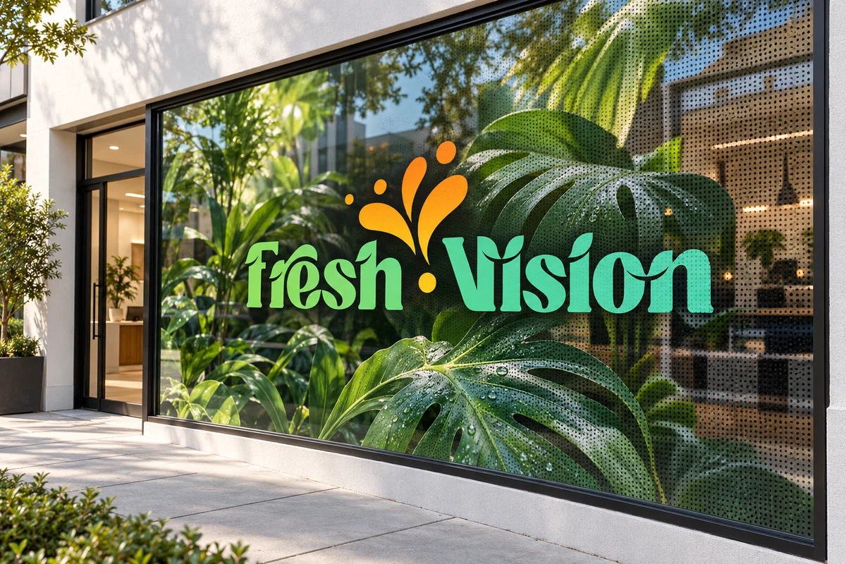 Przykład witryny z perforowaną folią OWV i nadrukiem Fresh Vision