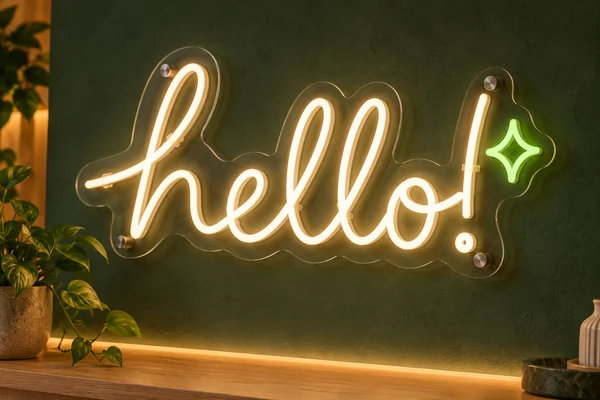 Nowy przykład neonu LED hello z silikonową linią światła na bezbarwnej plexi